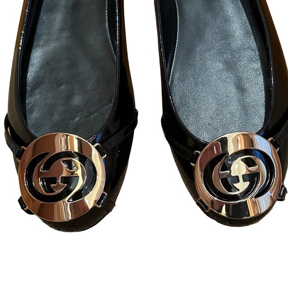 NEW WITH BOX Gucci Black Patent Leather GG Logo Ballet Flats for Women Size 39 - Picture 5 of 14